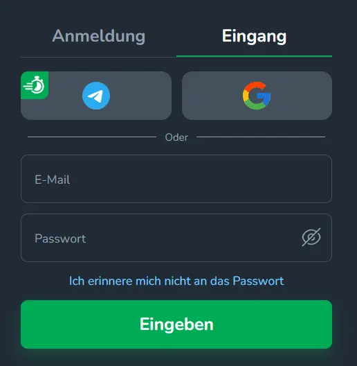Anmeldeformular für das Casino